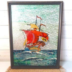 Vintage Painting Etching Ship‎ Paul Baughman Reflective Medieval Wall Art